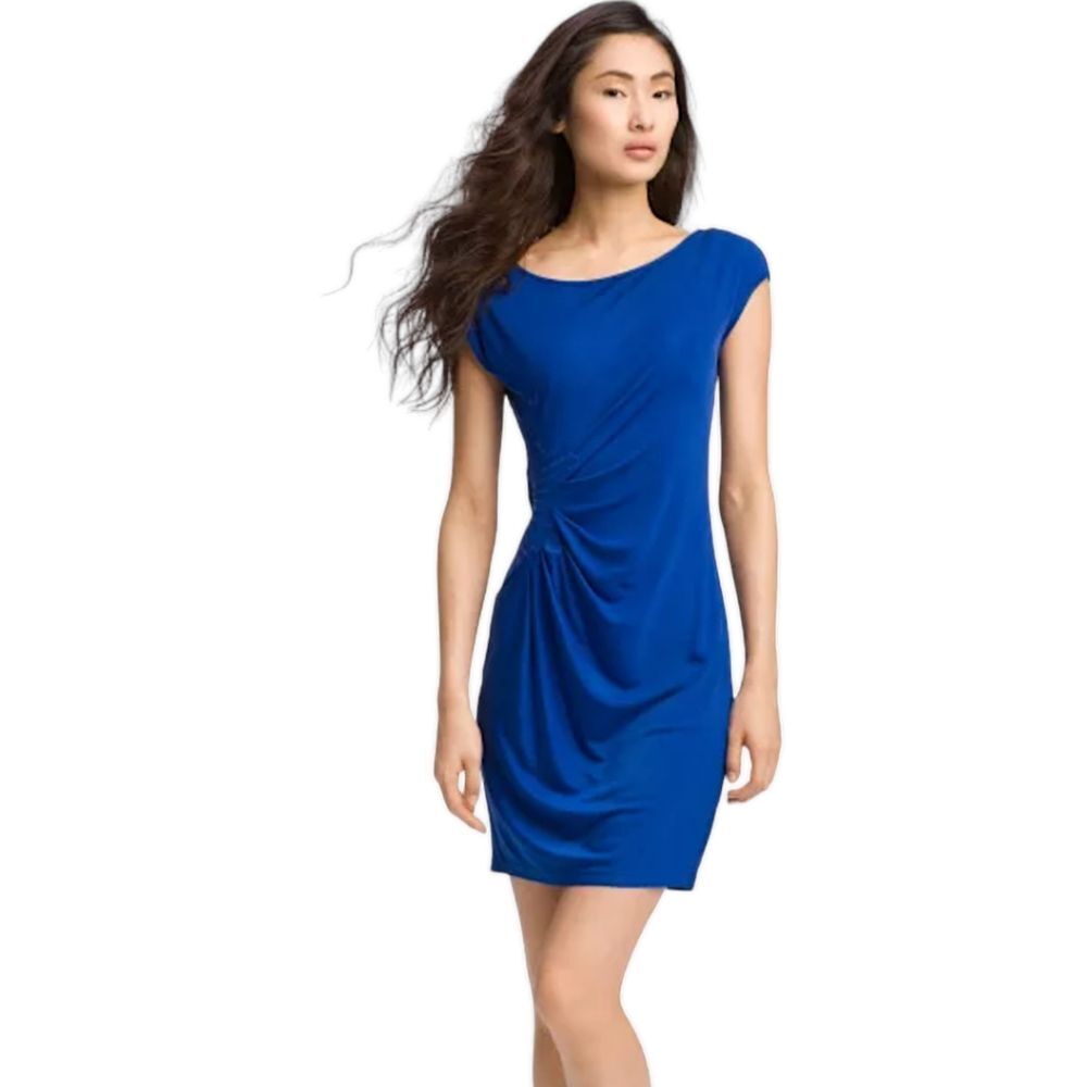 Catherine Malandrino Ruched Dress with Cap Sleeves &  Embroidery, Medium, Blue